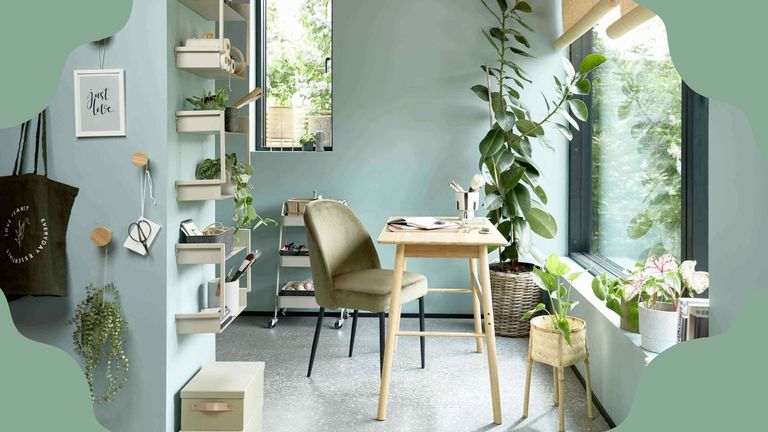 JYSK sage green room with wooden accents
