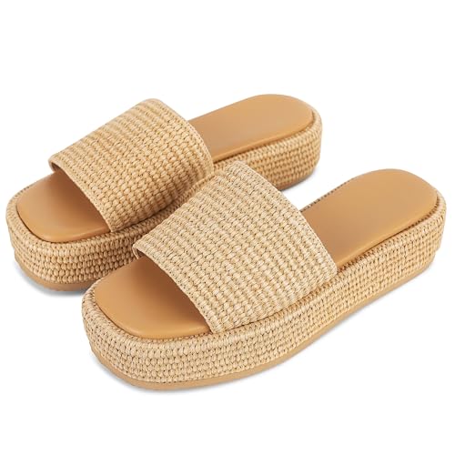 Eqaudes Raffia Platform Espadrille Wedge Sandals for Women Beach Brown Straw Comfortable Sandal Vacation for Women Size 9
