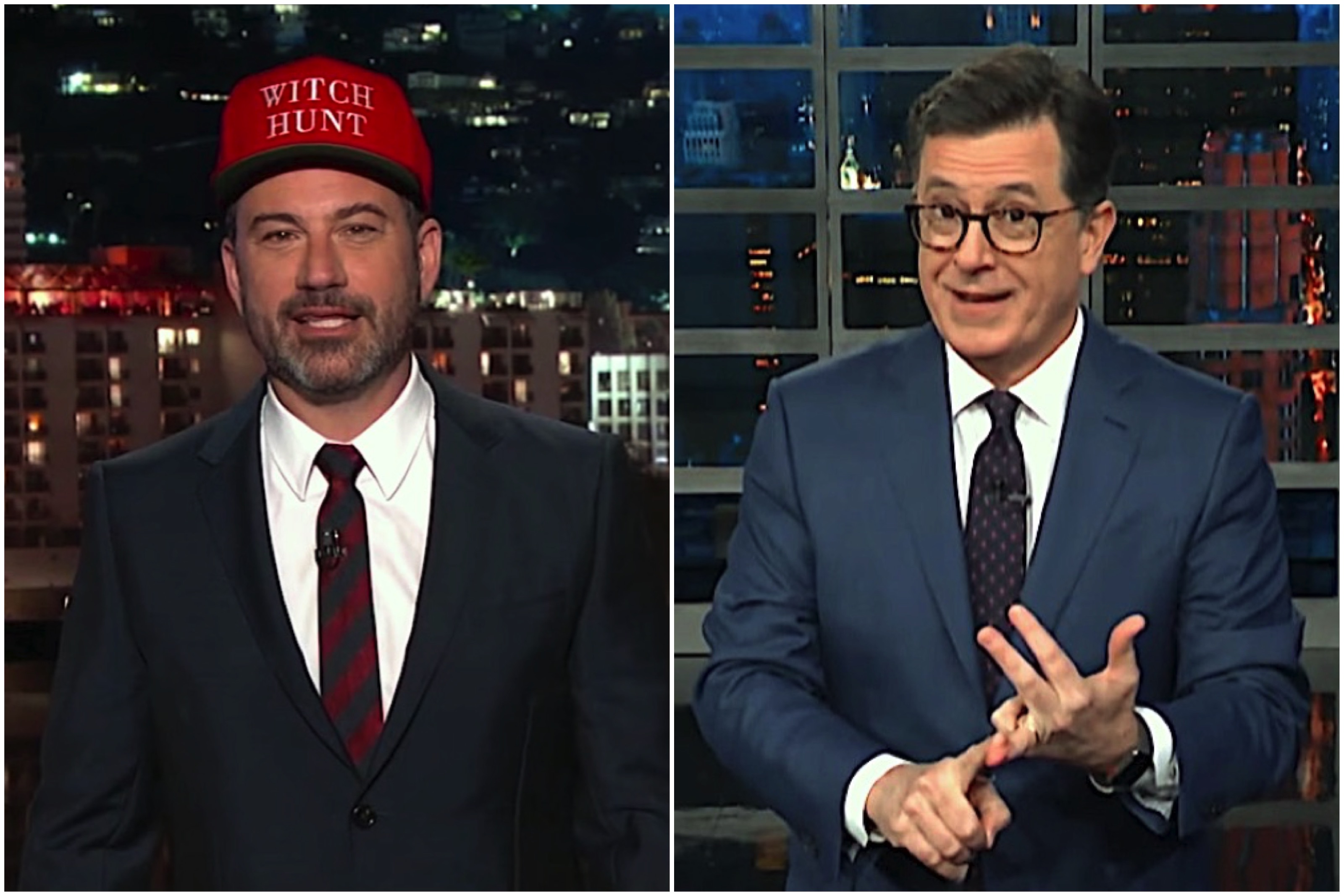 Stephen Colbert and Jimmy Kimmel mock "Witch Hunt"