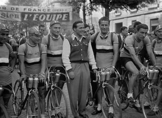 Emile Idée, (far right), poses with his teammates before the 1947 Tour de France start