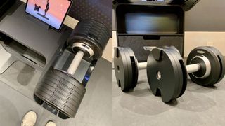 Two photos side by side of dumbbells. One image shows dumbbell seen from above next to tablet. The other shows two dumbbells on the floor.