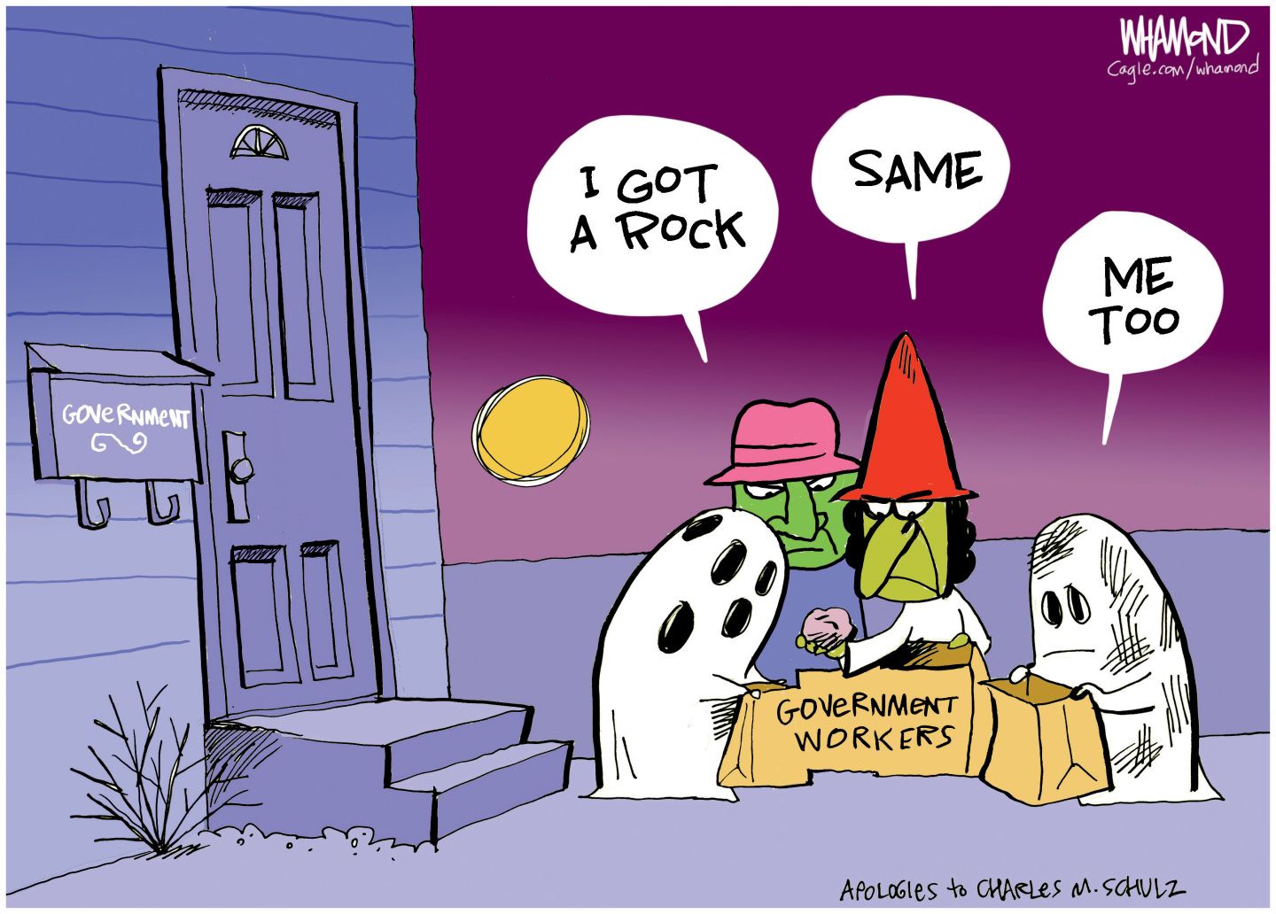 
                                This editorial cartoon takes place on Halloween outside a house with “Government” written on the mailbox. Four kids in costumes glumly look in their bag, which is labeled “Government Workers.” One says, “I got a rock.” The witch responds, “Same” and a ghost says “Me too.”
                            
