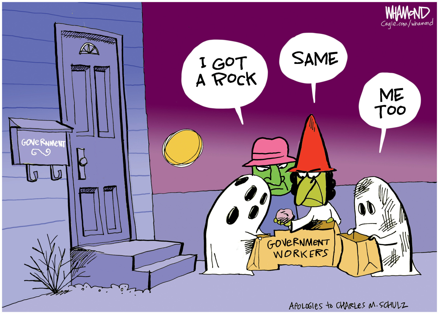 This editorial cartoon takes place on Halloween outside a house with “Government” written on the mailbox. Four kids in costumes glumly look in their bag, which is labeled “Government Workers.” One says, “I got a rock.” The witch responds, “Same” and a ghost says “Me too.”