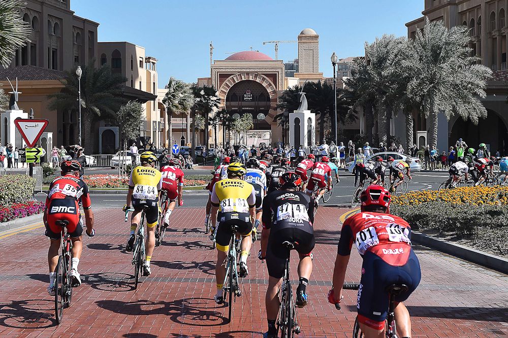 The peloton heads toward Doha City during stage 2 in Qatar