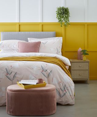 White and yellow bedroom idea with wall paneling by Dunelm