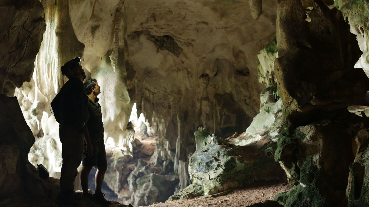 Maxime Aubert and Pindi Setiawan, Gua Ham. Here we see 2 adults standing in a cave. One is wearing a headlamp.