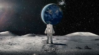 a solitary astronaut stands on the moon gazing at Earth