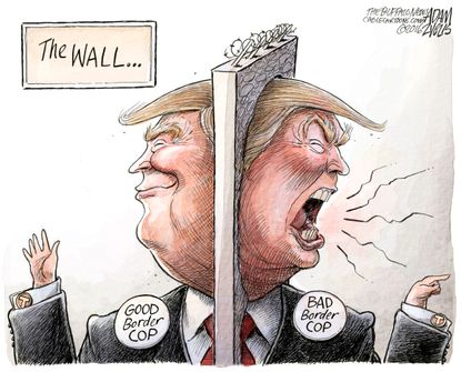 Political cartoon U.S. 2016 election Donald Trump good bad cop