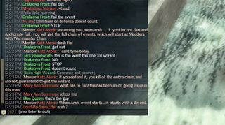 Guild Wars 2 chat window showing players arguing about whether or not to win or lose a map event. A player named Pello Jello uses the crying emote in chat.