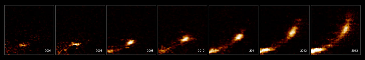 These observations from ESO's Very Large Telescope, using the SINFONI instrument, show how a gas cloud is being stretched and ripped apart as it passes close to the supermassive black hole at the centre of the galaxy.