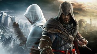 Beste Assassin’s Creed spill: Ezio og Altaïr fra Assassin's Creed står rygg mot rygg