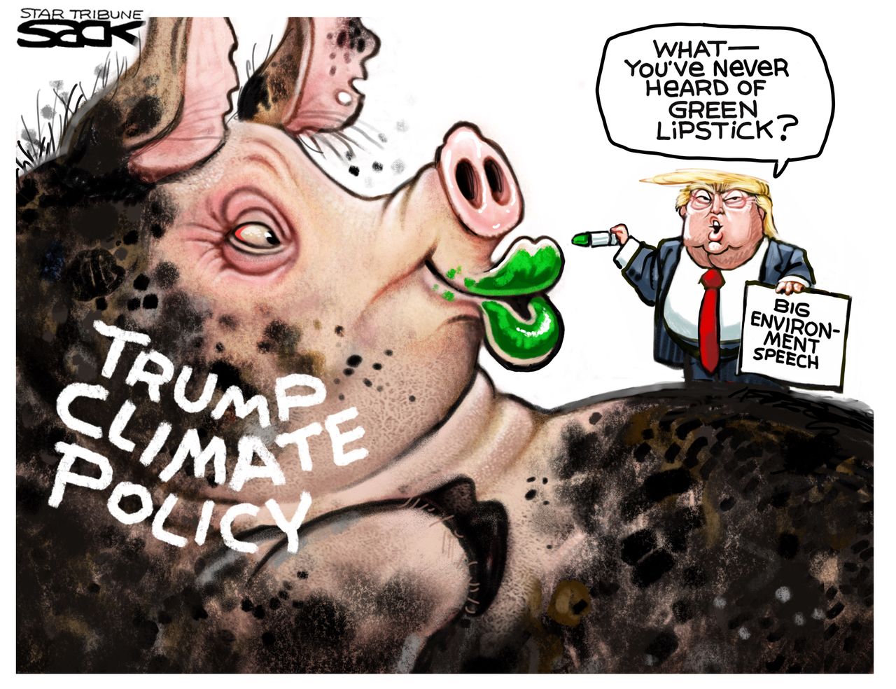 Political Cartoon U.S. Trump Environment Speech Lipstick on a Pig