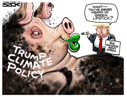 Political Cartoon U.S. Trump Environment Speech Lipstick on a Pig