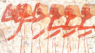 Polychrome wall painting from the tomb of Userhat, royal scribe and noble in 13th century BC Egypt. The scene depicts women and girls mourning the death of Userhat.
