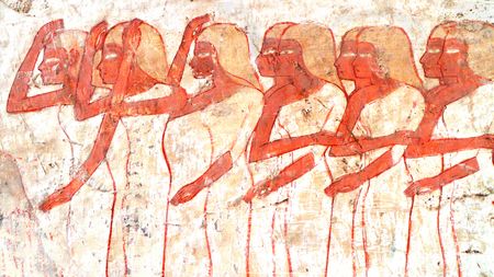 Polychrome wall painting from the tomb of Userhat, royal scribe and noble in 13th century BC Egypt. The scene depicts women and girls mourning the death of Userhat.