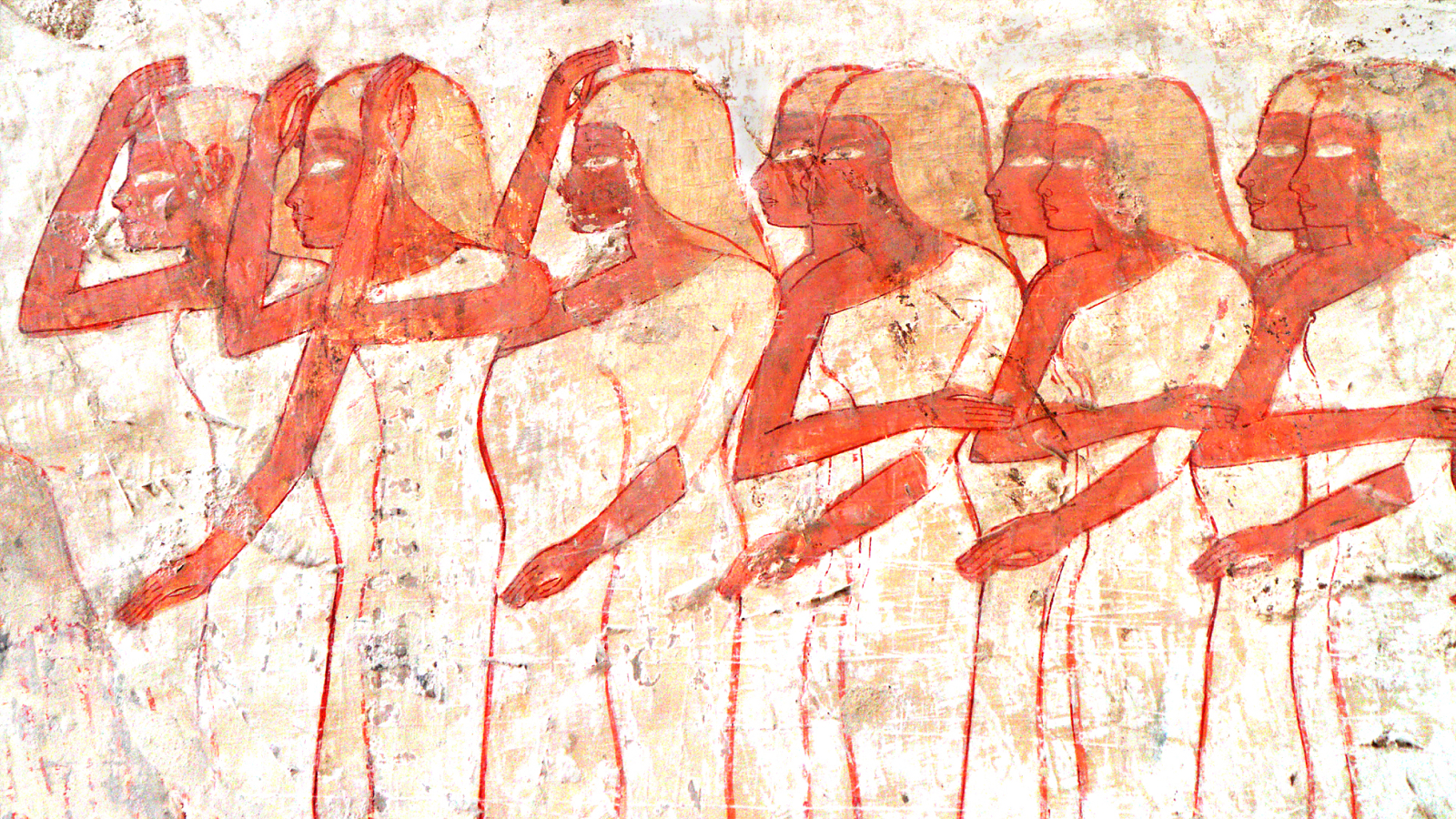 Polychrome wall painting from the tomb of Userhat, royal scribe and noble in 13th century BC Egypt. The scene depicts women and girls mourning the death of Userhat.