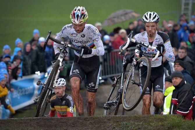 World champion Sven Nys goes head-to-head with compatriot Niels Albert during the 2013 bpost bank trofee event in Loenhout, Belgium