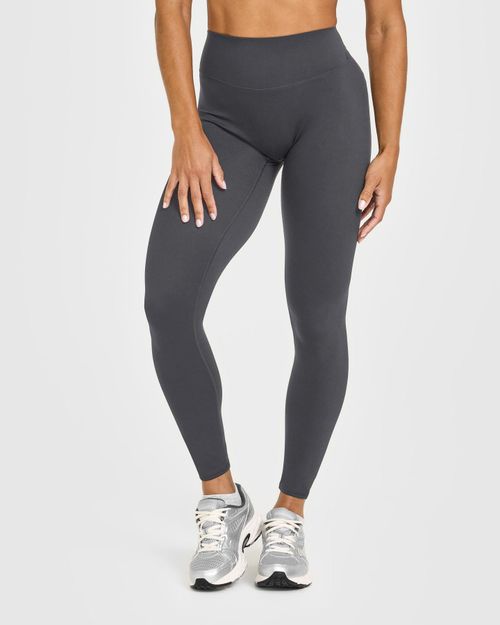 Softmotion&trade; High Waisted Leggings With White Logo | Coal