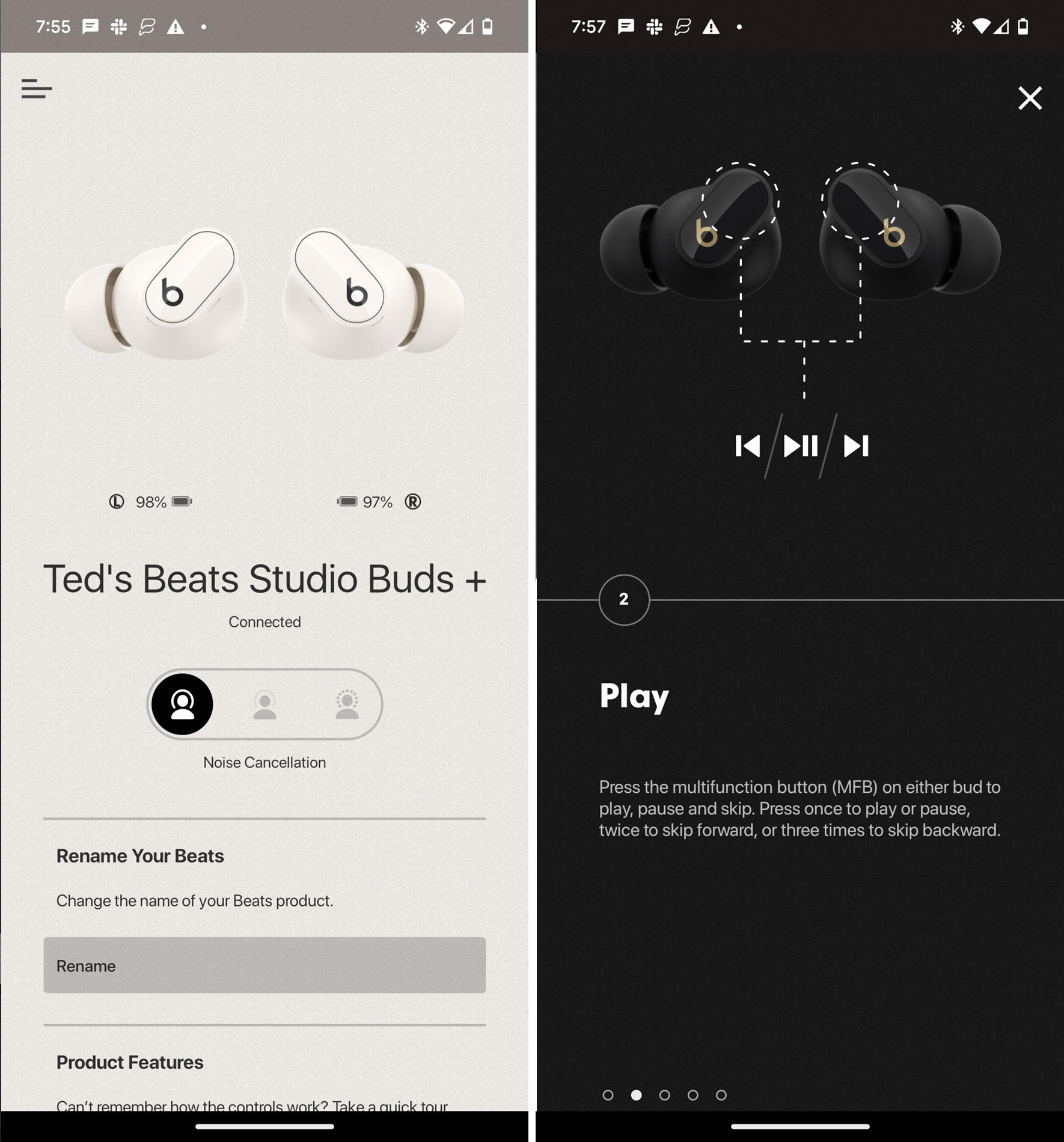 Capturas de tela do aplicativo Beats Studio Buds Plus.