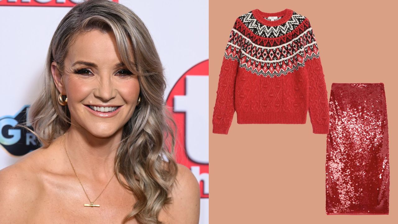 A composite image shows a headshot of presenter Helen Skelton on one side and a M&amp;S red Fair Isle jumper and red sequin skirt on a tan background on the other side