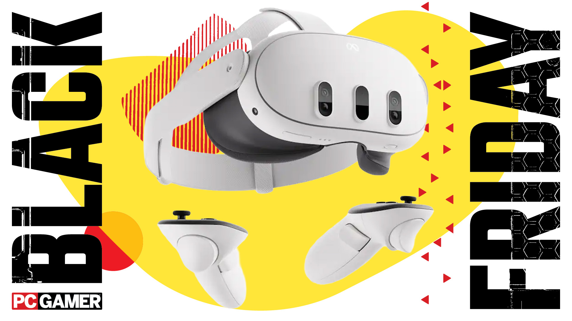 A Meta Quest 3 on a yellow background with the words &#039;Black Friday&#039; on the side.