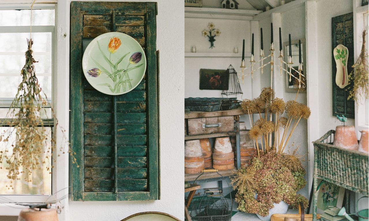 Composite image of a green window shutter and dried alliums in a potting shed