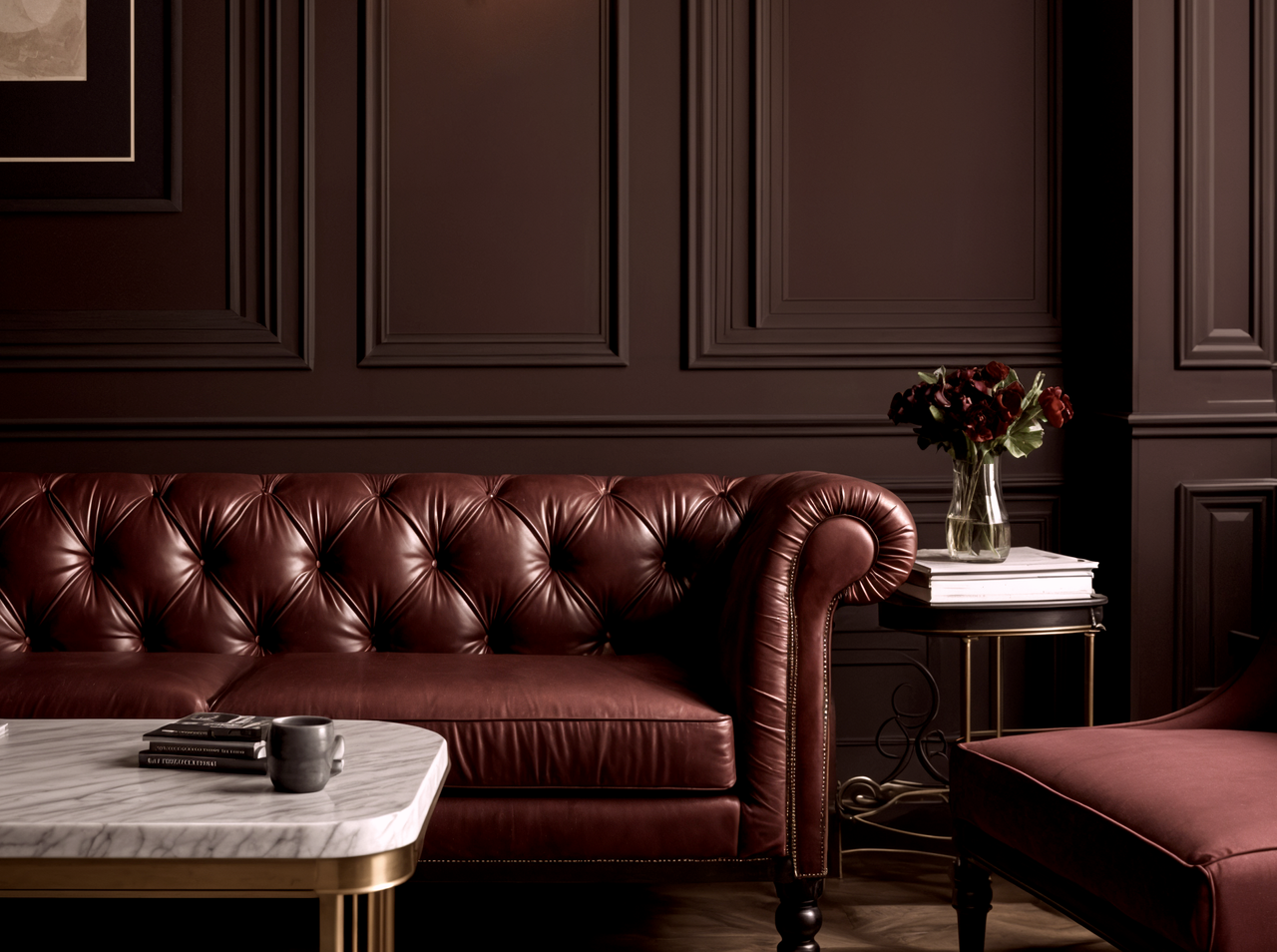 A living room with a leather Chesterfield sofa, a marble coffee table, and walls with paneling painted in a chocolate brown color