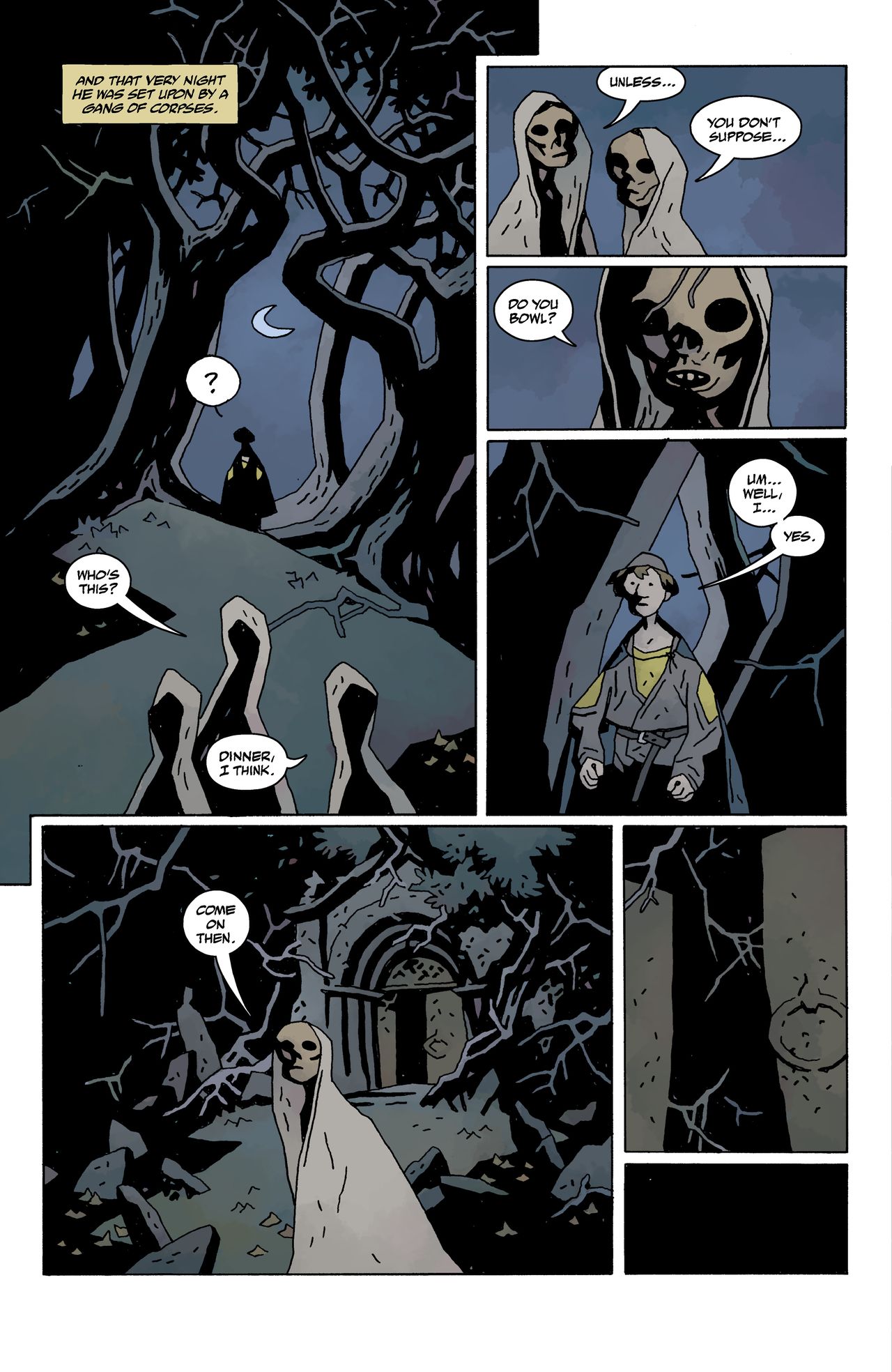 Mike Mignola, Bowling With Corpses; pages from a comic book with zombies and vampires