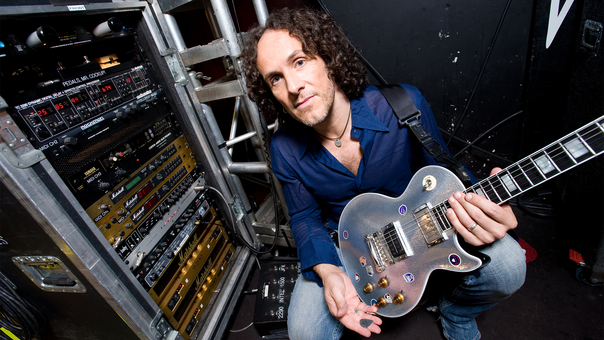 Vivian Campbell of English hard rock group Def Leppard posing with his Gibson Les Paul Custom guitar during a soundcheck at the O2 Academy in London, on May 6, 2008.