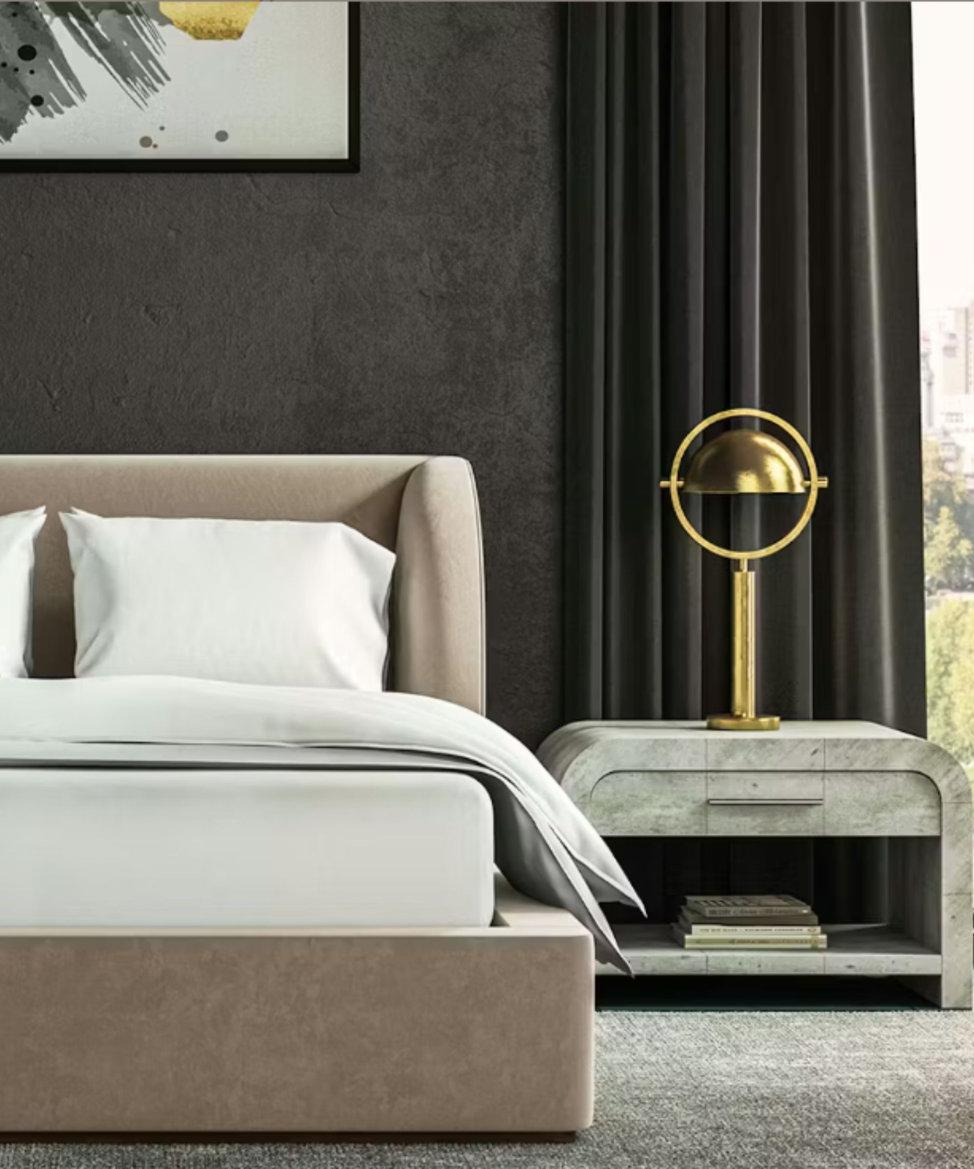 dark grey bedroom with a light beige upholstered bedroom by Saatva