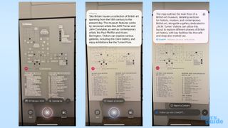 Three Visual Intelligence screenshots showing it reading and describing a map with its Summary tool and ChatGPT