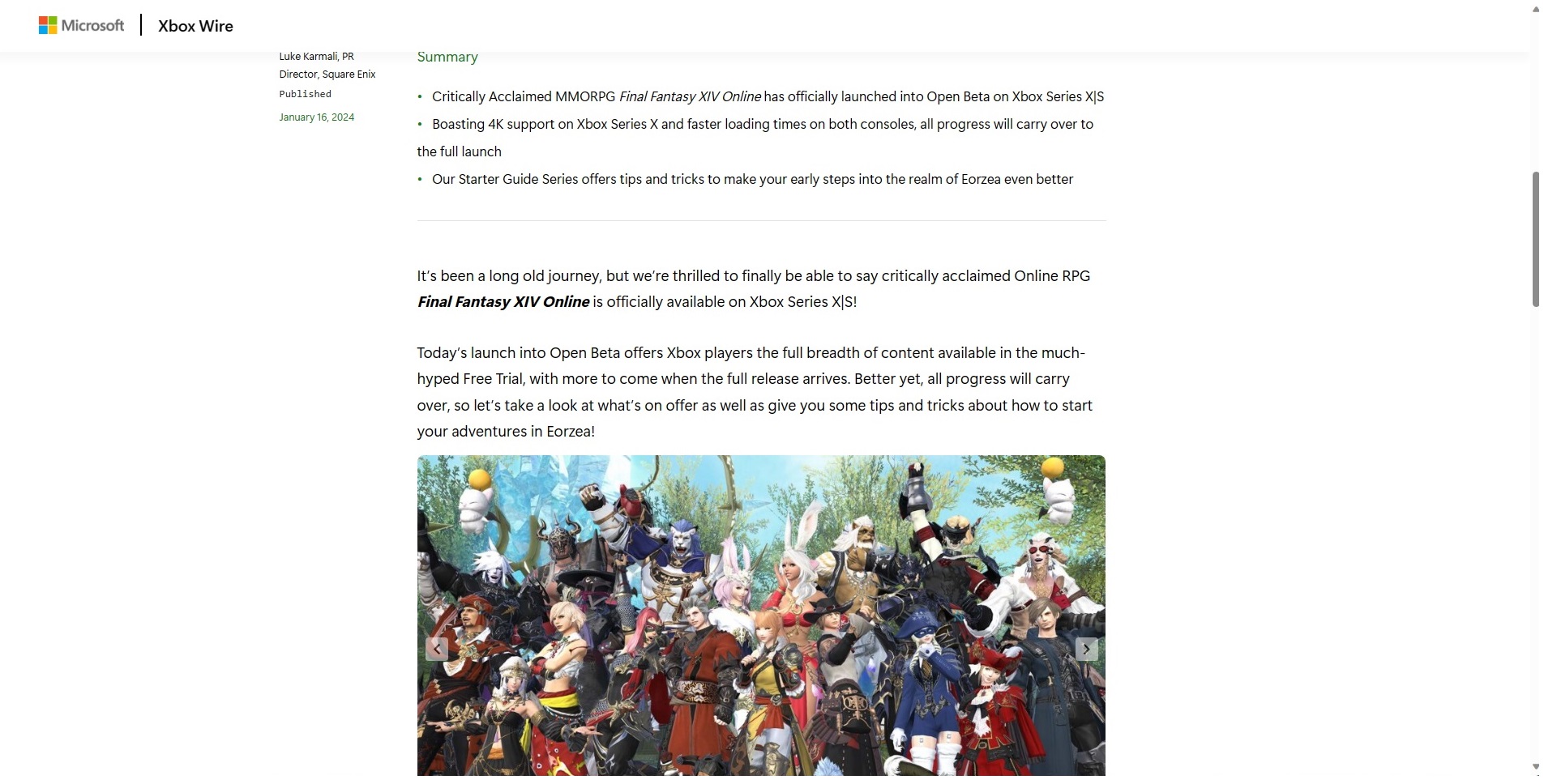 Der jetzt gelöschte Newsbeitrag von Xbox Wire zur Xbox Open Beta von Final Fantasy XIV