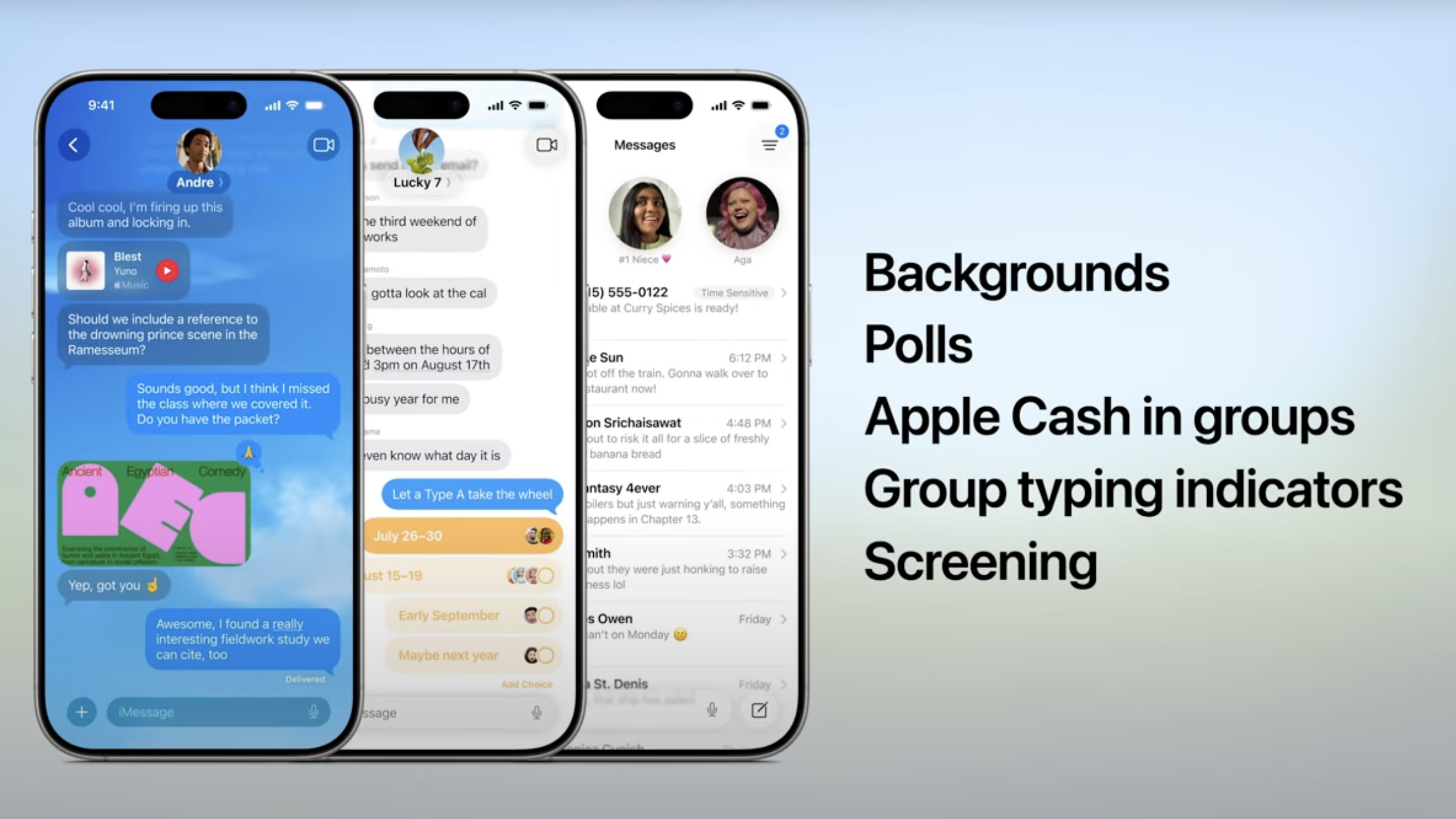 A slide showing three iPhones with new Messages features on iOS 26