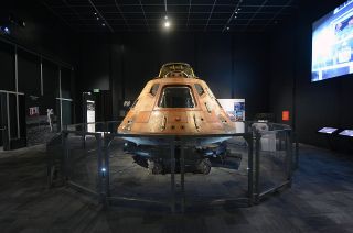The Apollo 11 command module "Columbia" as seen in Destination Moon: The Apollo 11 Mission at The Museum of Flight in Seattle.