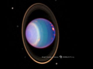 The green and blue regions show where the atmosphere is clear, allowing sunlight to penetrate deep into Uranus. In the yellow and gray regions, a haze or cloud layer is reflecting sunlight away.