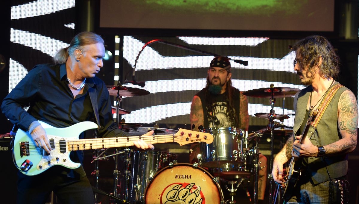 (from left) Billy Sheehan, Mike Portnoy and Richie Kotzen of The Winery Dogs perform at The Culture Room on May 14, 2014 in Fort Lauderdale, Florida