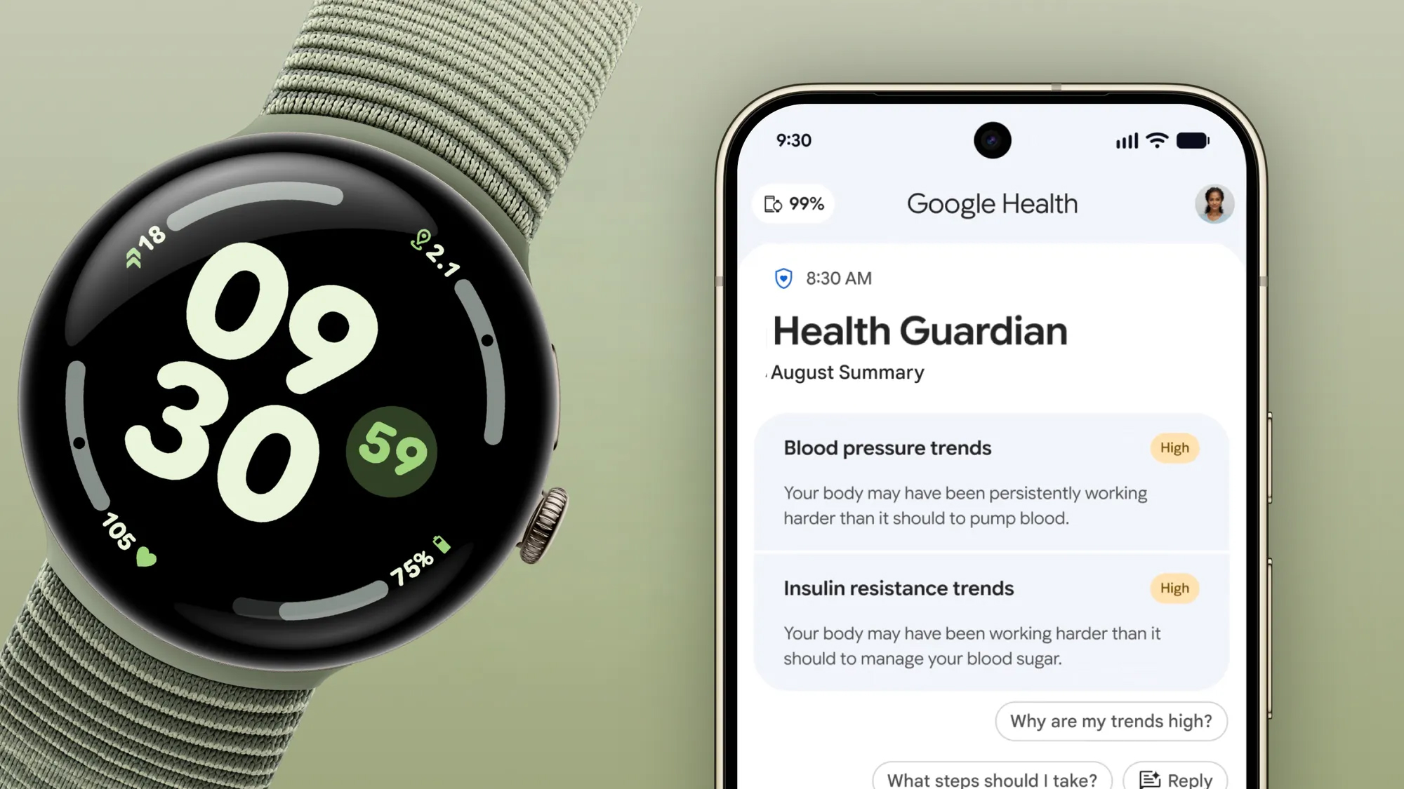 Google Health app and a Pixel Watch