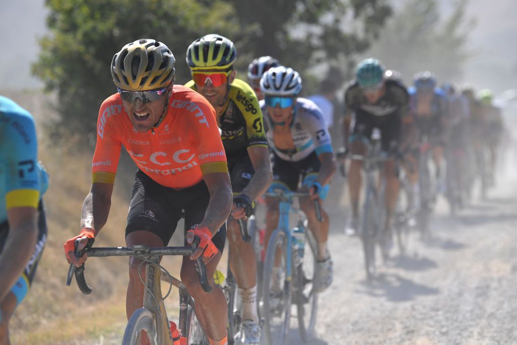 SIENA ITALY AUGUST 01 Greg Van Avermaet of Belgium and CCC Team Dust Gravel Strokes Peloton during the Eroica 14th Strade Bianche 2020 Men a 184km race from Siena to SienaPiazza del Campo StradeBianche on August 01 2020 in Siena Italy Photo by Tim de WaeleGetty Images