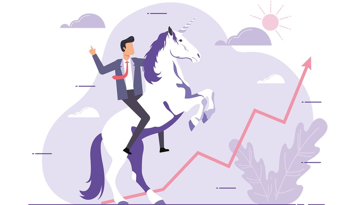 A cartoon of a businessman in a suit riding a unicorn that&amp;#039;s rearing up with a line graph showing strong growth in front of it