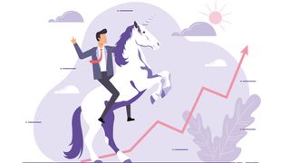 A cartoon of a businessman in a suit riding a unicorn that's rearing up with a line graph showing strong growth in front of it