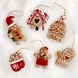 Gingerbread Felt Ornaments - Set of 6 against a white background. 