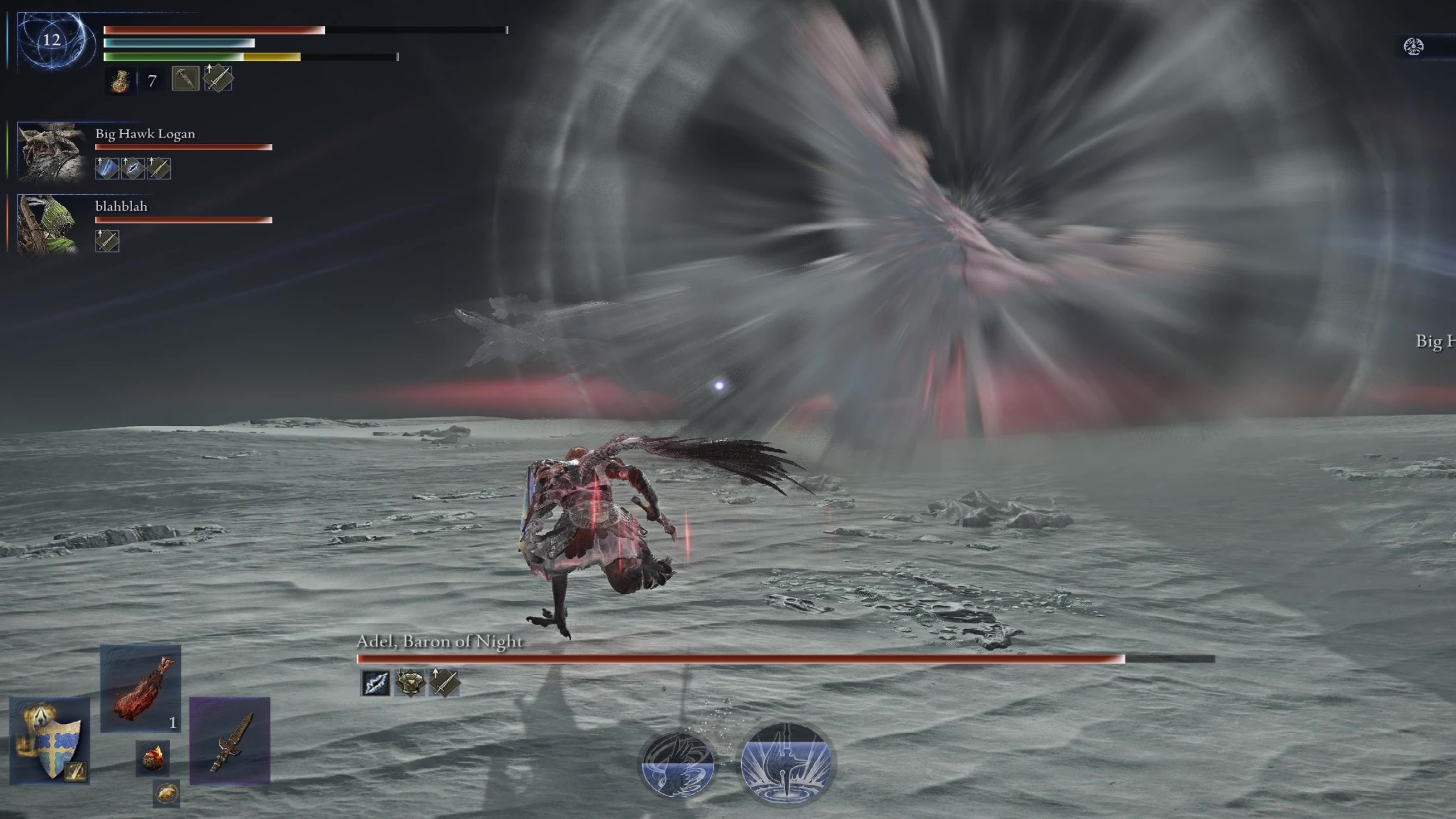 Elden Ring Nightreign Adel boss Gaping Jaw guide: Adel letting out a massive roar, distorting the screen.
