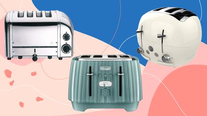 The best toaster, the De Longhi blue toaster on Ideal Home pink background