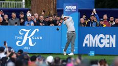 Rory McIlroy tees off from the first hole at the K Club during round one of the 2025 Irish Open