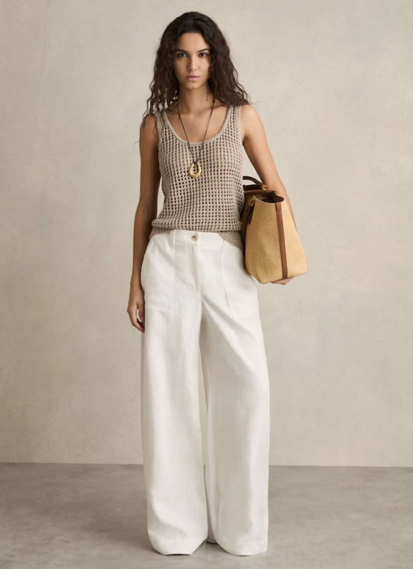 REISS, Linen Wide Leg Trousers in White