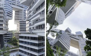 Angel shots of The Interlace urban complex, white building layered with levels of glass windows, greenery surrounding the buildings, cloudy sky