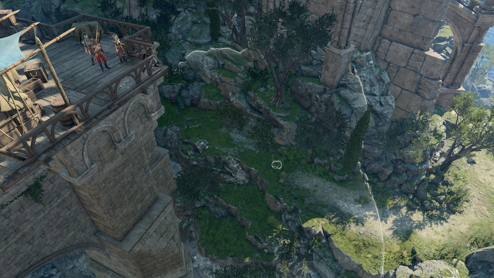 An image showing where to Feather Fall down to the side entrance of Wyrm's Rock Fortress.