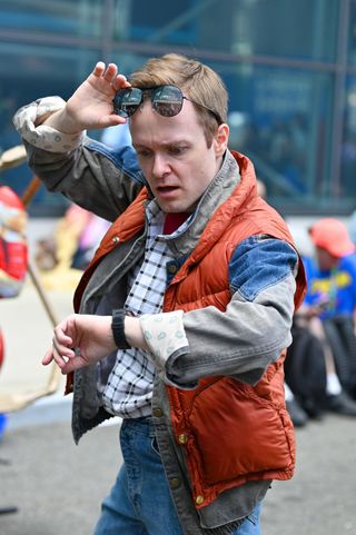 A cosplayer dressed as "Marty McFly" from Back To The Future attends New York Comic Con 2019.