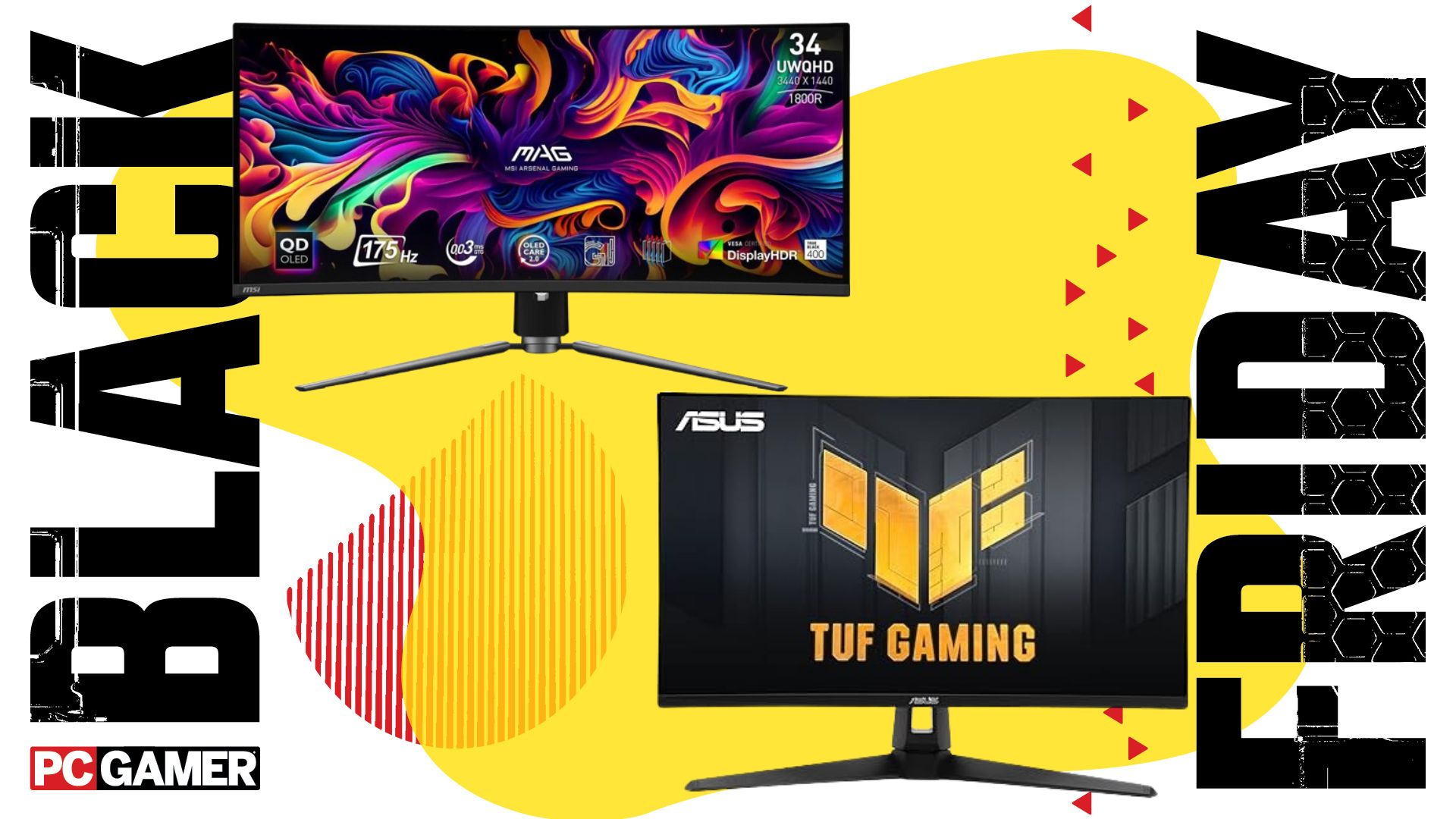 Two gaming monitors (by Asus and MSI) on a yellow background, with &quot;Black Friday&quot; written on the side