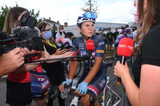 BARSURAUBE FRANCE JULY 27 Elisa Longo Borghini of Italy and Team Trek Segafredo meets the media press after crossing the line during the 1st Tour de France Femmes 2022 Stage 4 a 1268km stage from Troyes to BarSurAube TDFF UCIWWT on July 27 2022 in BarsurAube France Photo by Tim de WaeleGetty Images
